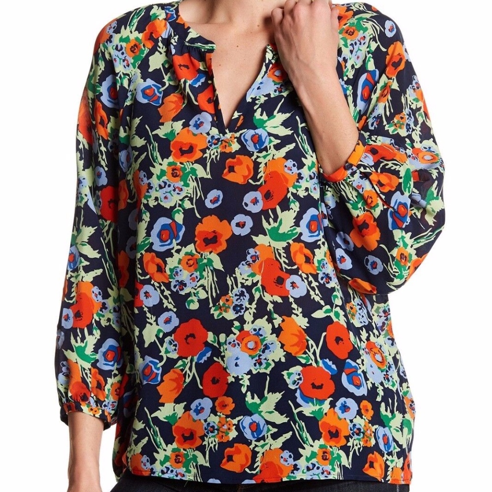 NWT $258 Joie Mckenna Silk Floral Blouse in Navy / Multicolor - size XS!